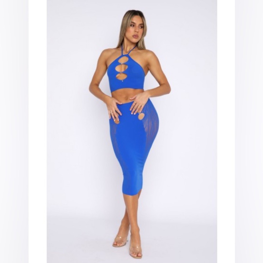 White Fox Boutique Electric Blue Mesh Crop Top and Skirt Set NWT OS